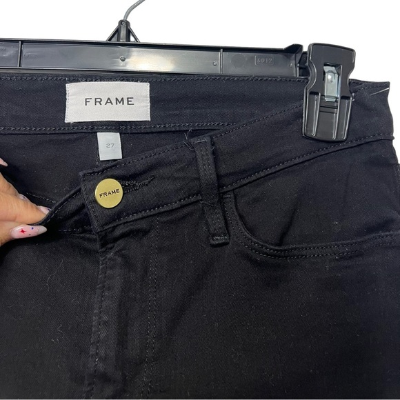 FRAME Le Skinny De Jeanne Mid Rise Side Slit Jeans Black Film Noir Raw Hem 27 - Picture 4 of 6